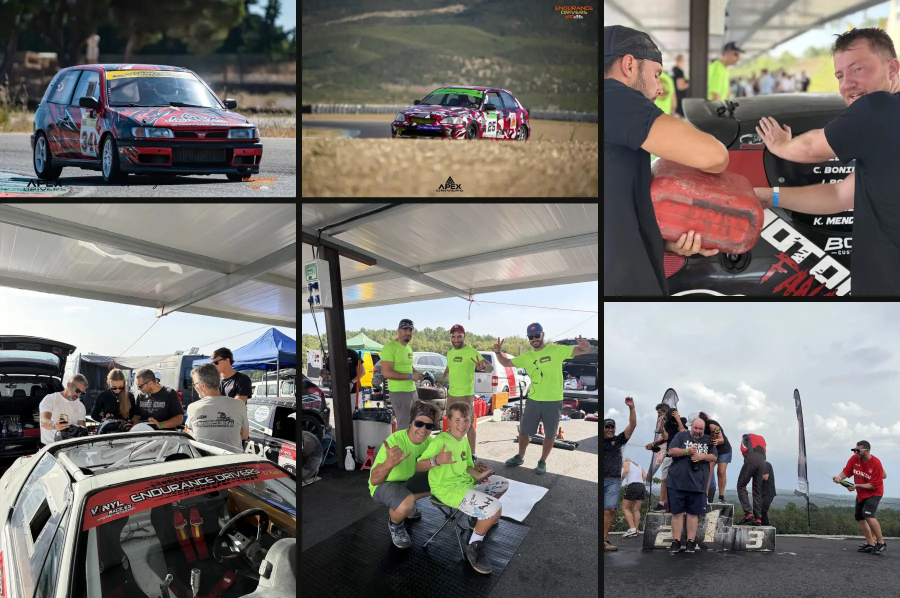 Collage de seis fotografías de Endurance Drivers: coches en carrera, equipos en el paddock, repostaje y celebración en el podio